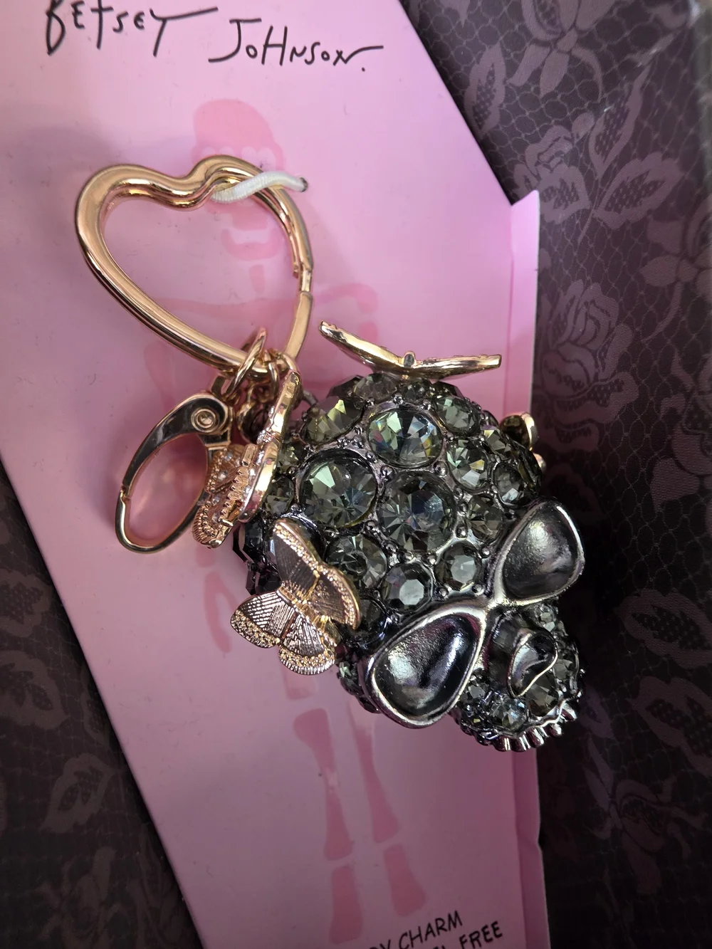 Betsey Johnson Black Crystal Skull Charm with Gold Accents, NWT